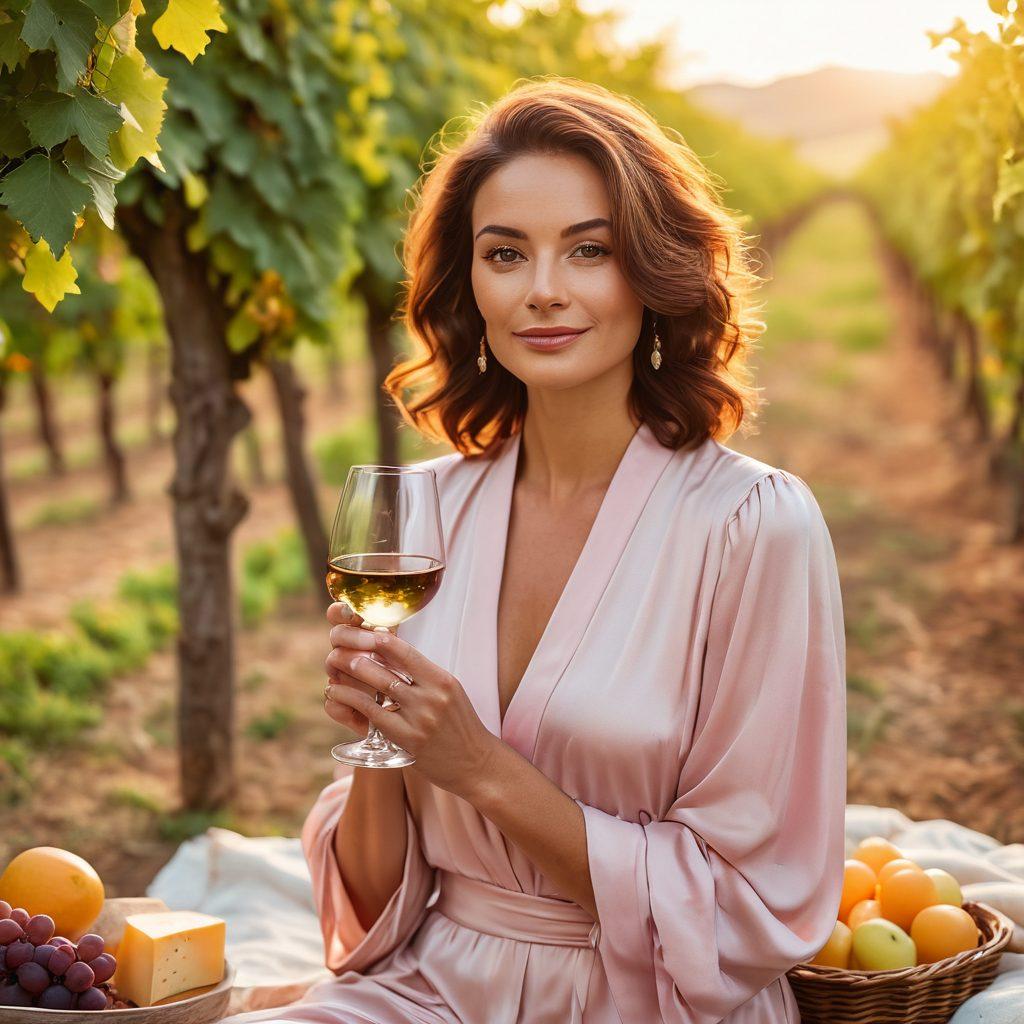 A stylish solo woman gracefully sipping wine in a chic outdoor vineyard, surrounded by lush grapevines and soft sunset hues. She holds a glass elegantly, wearing a fashionable outfit that reflects empowerment and independence. Include a picnic setup with gourmet cheese and fruits beside her, portraying relaxation and sophistication. Soft bokeh effect in the background adds depth, creating an inviting atmosphere. vibrant colors. super-realistic.