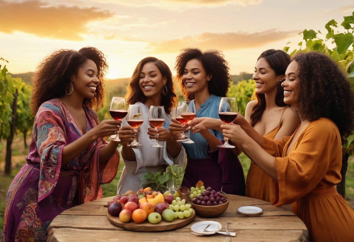 A vibrant scene featuring an elegant group of diverse women confidently toasting with wine glasses in a lush vineyard. They're dressed in stylish outfits, exuding empowerment and joy, surrounded by grapevines and a beautiful sunset backdrop. Include wine bottles and glasses on a rustic wooden table filled with fruits and cheese. The atmosphere is lively and inspiring, reflecting sisterhood and celebration of strength. vibrant colors. super-realistic.