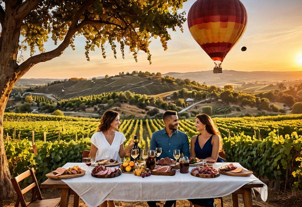 A picturesque vineyard landscape at sunset, with golden light illuminating grapevines, flanked by a rustic wooden table set with various wine glasses and a charcuterie board. In the background, a couple toasting with wine glasses, joyful expressions on their faces as they embrace the scenery. A hot air balloon floats serenely above, symbolizing adventure. Artfully depicted in vibrant colors. super-realistic. warm tones.